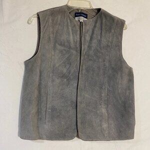 Vintage Port Camard Open Front Vest Womens M Gray Cow Split Leather Lined